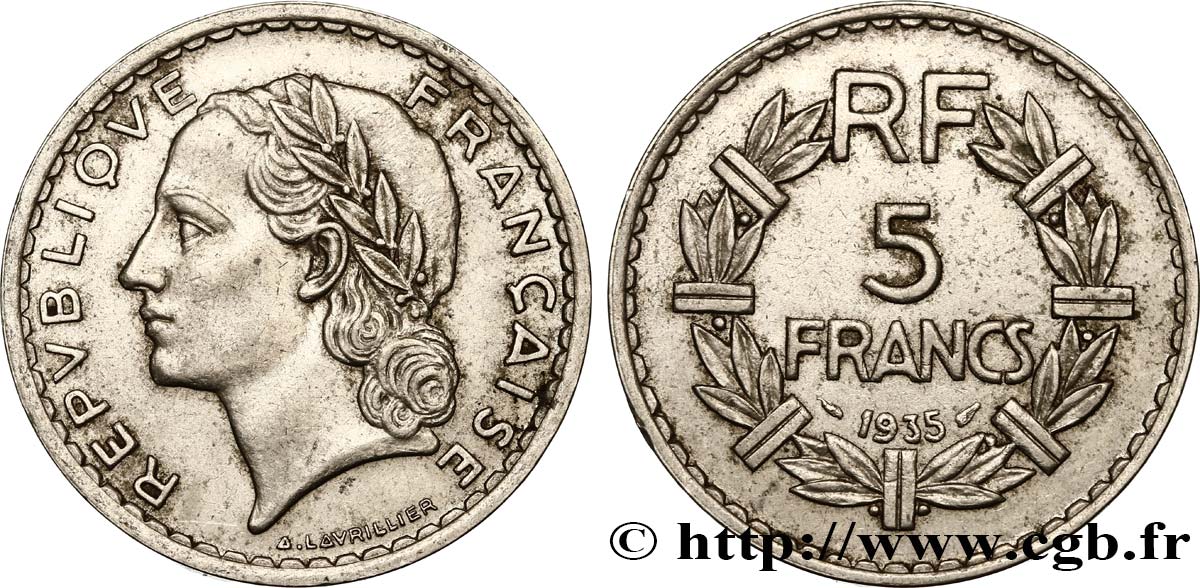 5 francs Lavrillier, nickel 1935  F.336/4 XF48 
