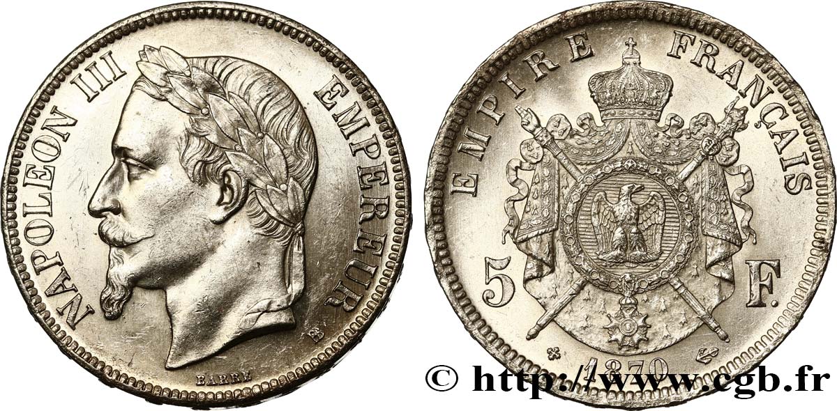 5 francs Napoléon III, tête laurée 1870 Strasbourg F.331/17 SPL61 