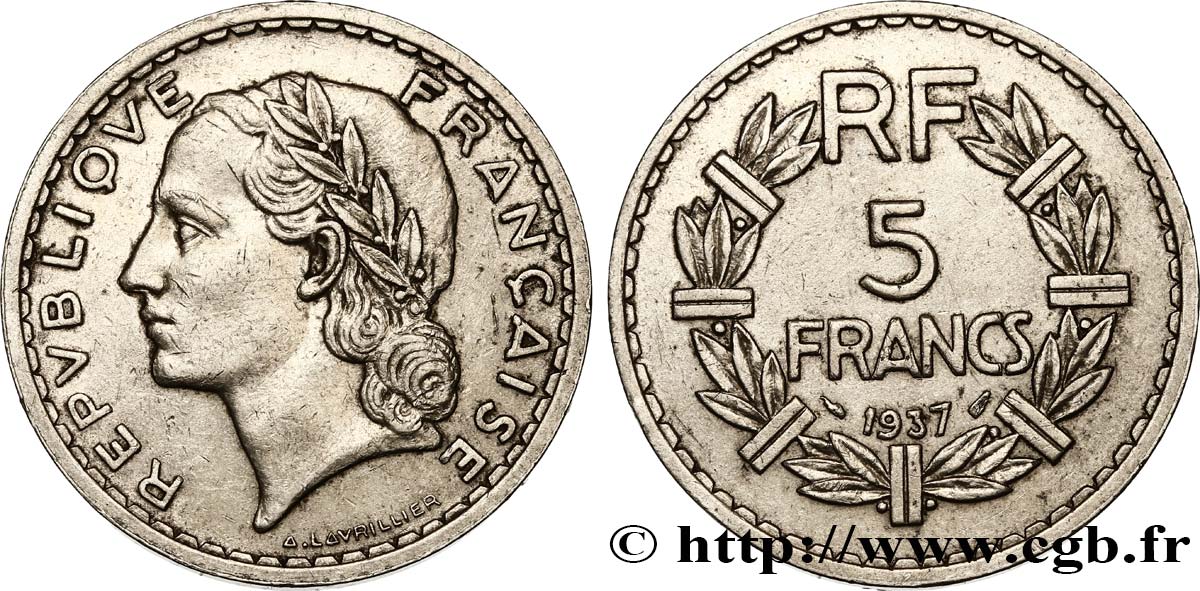 5 francs Lavrillier, nickel 1937  F.336/6 MBC45 