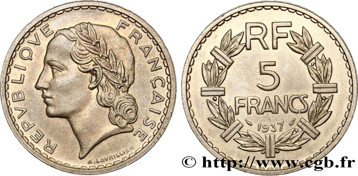 5 francs Lavrillier, nickel 1937  F.336/6 VZ55 
