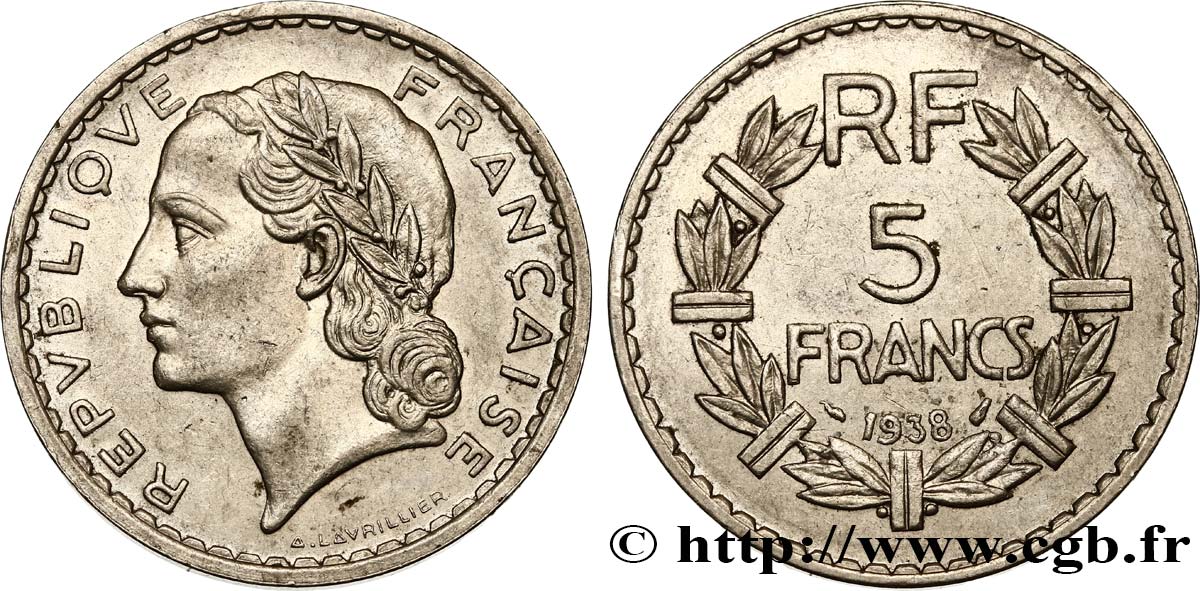5 francs Lavrillier, nickel 1938  F.336/7 TTB50 