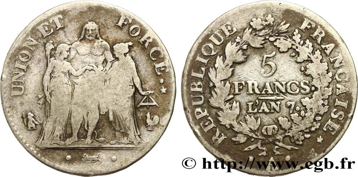 5 francs Union et Force, Union serré, avec glands intérieurs et gland extérieur 1799 Paris F.288/95 TB20 