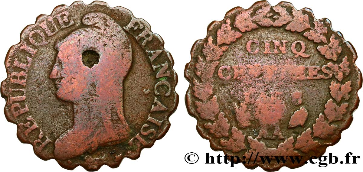 Cinq centimes Dupré, grand module, tranche retravaillé 1800 Metz F.115/106 B 