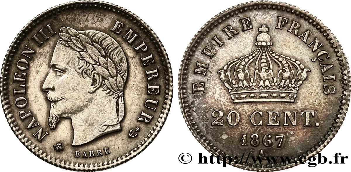 20 centimes Napoléon III, tête laurée, grand module 1867 Paris F.150/1 AU55 