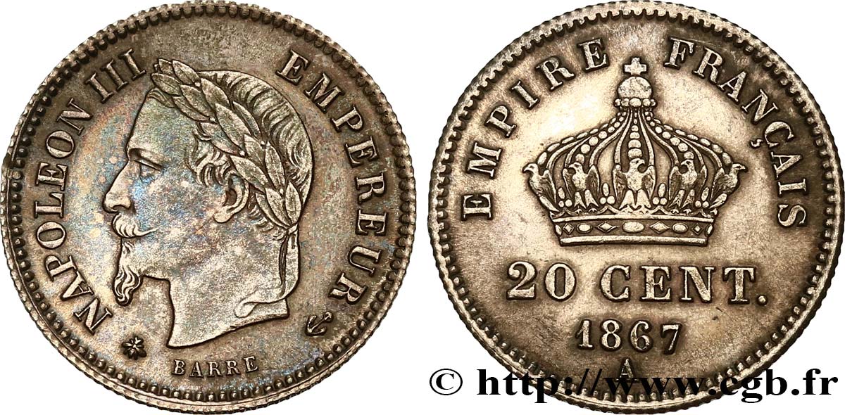 20 centimes Napoléon III, tête laurée, grand module 1867 Paris F.150/1 EBC55 