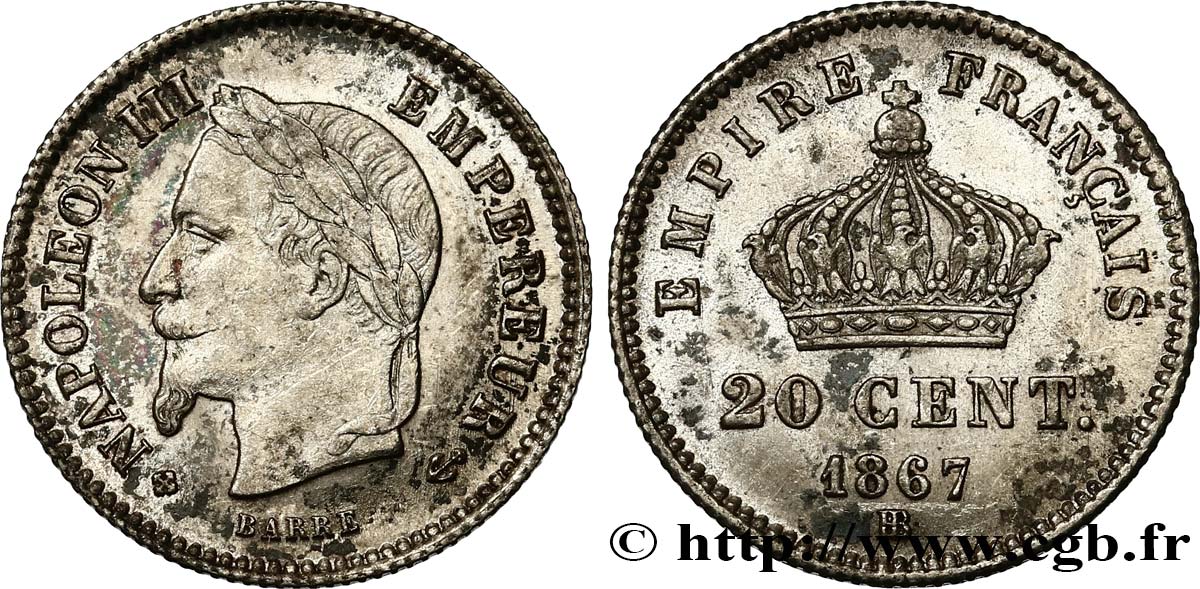 20 centimes Napoléon III, tête laurée, grand module 1867 Strasbourg F.150/2 TTB+ 