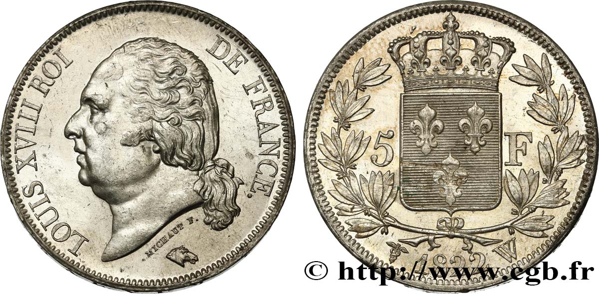 5 francs Louis XVIII, tête nue 1822 Lille F.309/75 SUP62 