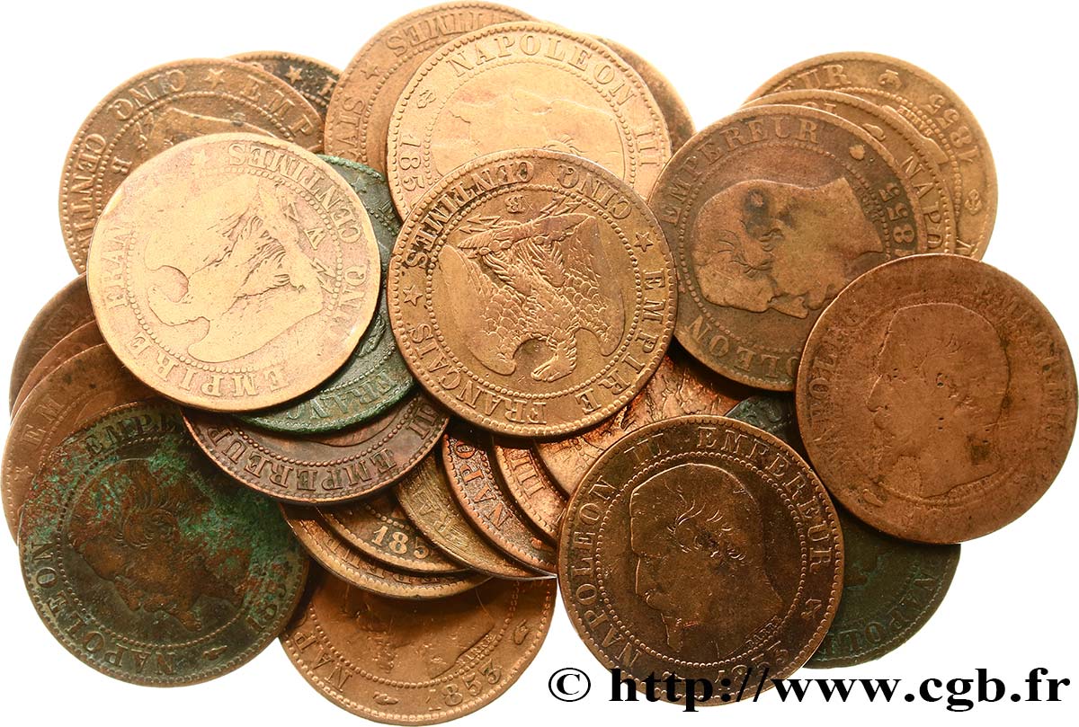 Lot de 28 pièces de Cinq centimes Napoléon III, tête nue n.d. s.l. F.116/1-2-3-4 RC/MBC 