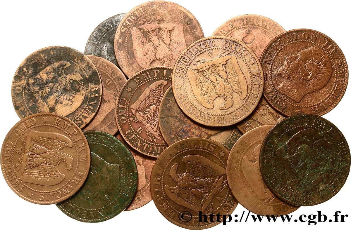 Lot de 17 pièces de Cinq centimes Napoléon III, tête nue n.d. s.l. F.116/4 VG/XF 