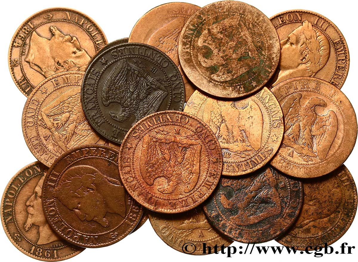 Lot de 17 pièces de Cinq centimes Napoléon III, tête laurée n.d. s.l. F.117/2-2-3-3 VG/XF 