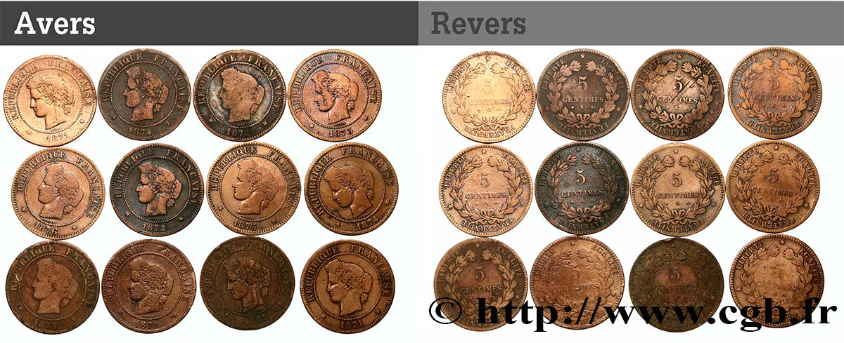 Lot de 12 pièces de 5 centimes Cérès n.d. s.l. F.118/1-2 SGE/S 
