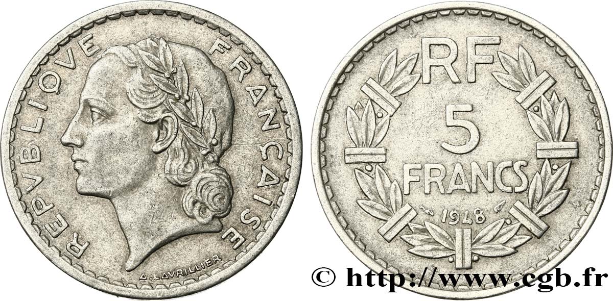 5 francs Lavrillier, aluminium, 9 ouvert 1948  F.339/13 SS45 