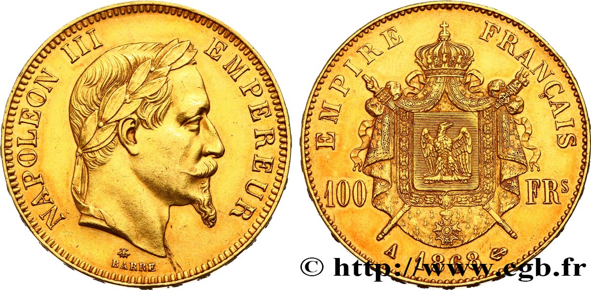 100 francs or Napoléon III, tête laurée 1868 Paris F.551/10 SS50 