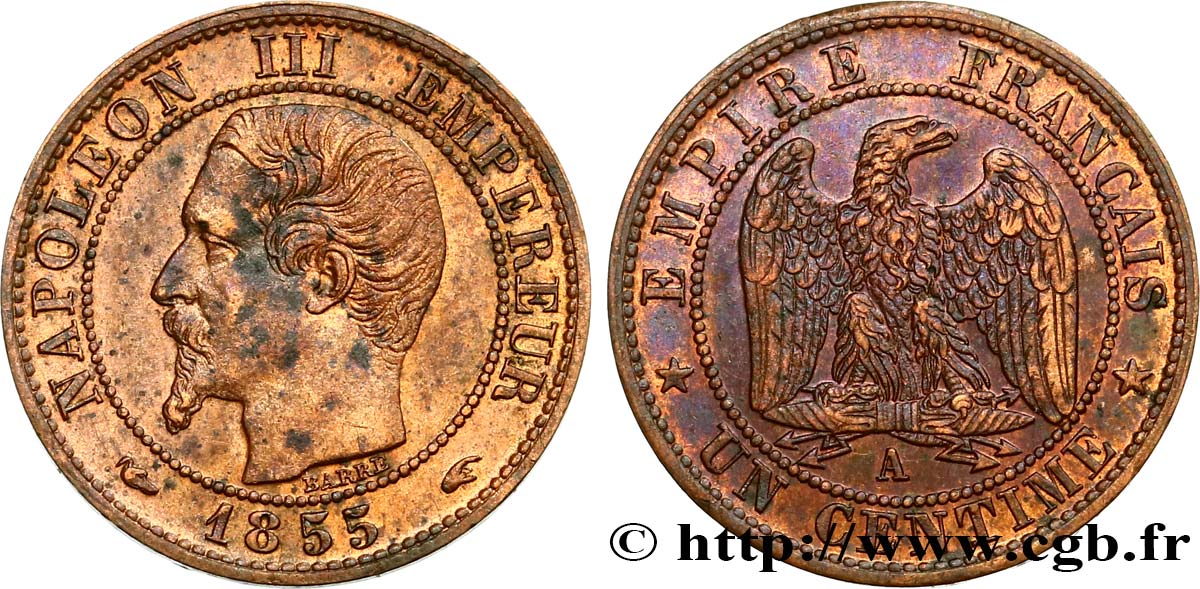 Un centime Napoléon III, tête nue, différent levrette 1855 Paris F.102/15 EBC58 
