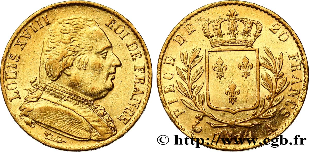 20 francs or Louis XVIII, buste habillé 1814 Paris F.517/2 MBC52 