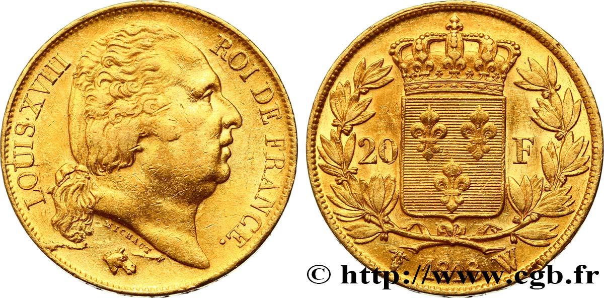 20 francs or Louis XVIII, tête nue 1818 Lille F.519/14 AU50 