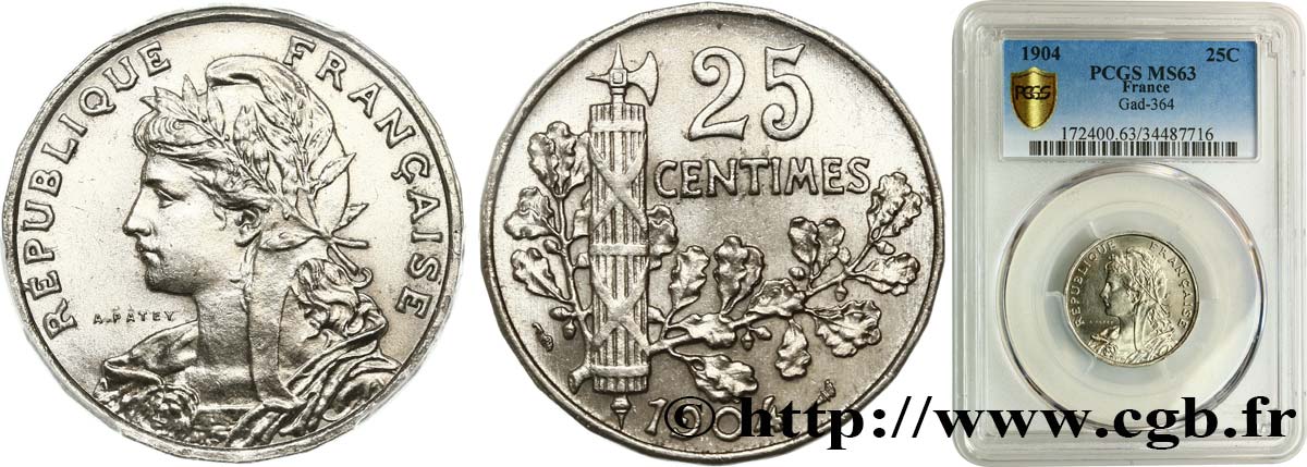 25 centimes Patey, 2e type 1904  F.169/2 MS63 PCGS