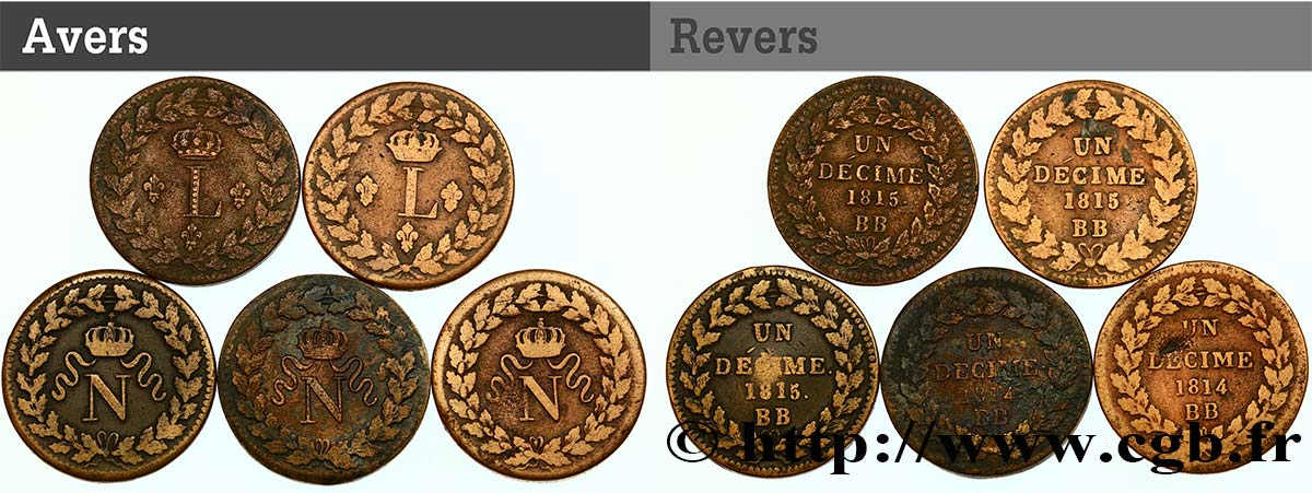 Lot de 5 pièces de Un décime 1814 Strasbourg F.131/1 B/BB 