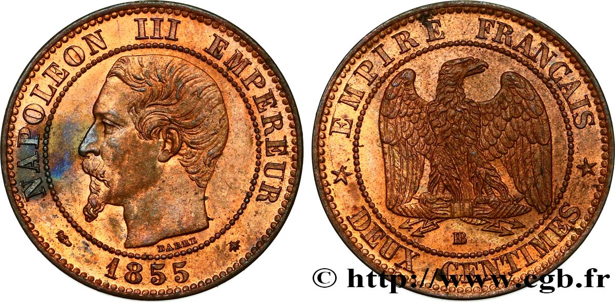 Deux centimes Napoléon III, tête nue 1855 Strasbourg F.107/23 MS62 