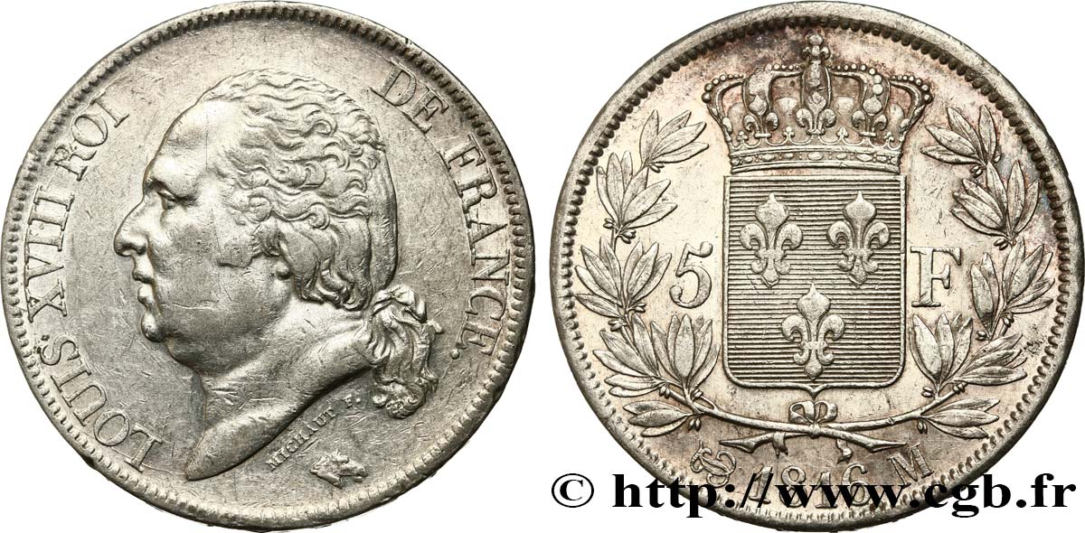 5 francs Louis XVIII, tête nue 1816 Toulouse F.309/9 MBC48 