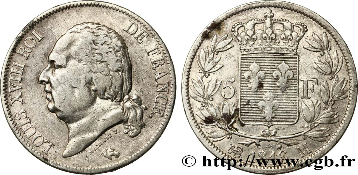 5 francs Louis XVIII, tête nue 1816 Toulouse F.309/9 TB30 