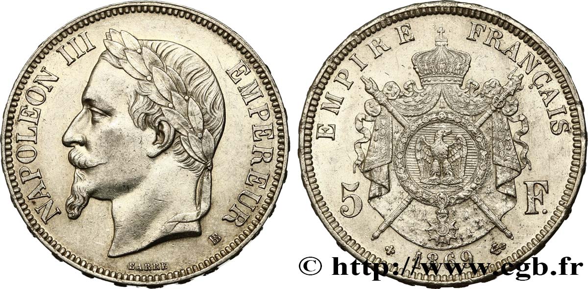 5 francs Napoléon III, tête laurée 1869 Strasbourg F.331/15 AU52 