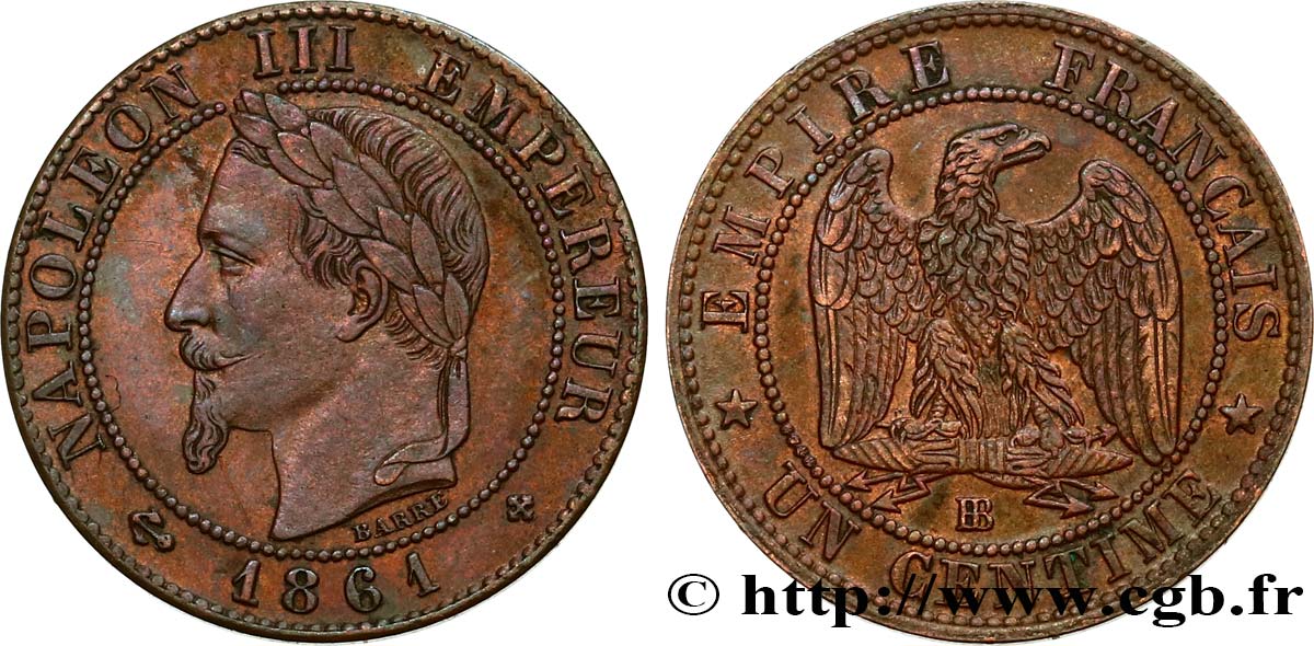 Un centime Napoléon III, tête laurée 1861 Strasbourg F.103/2 TTB52 