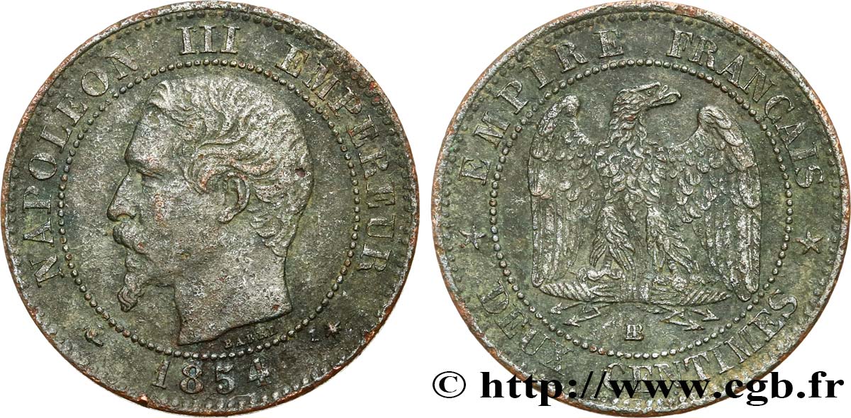 Deux centimes Napoléon III, tête nue 1854 Strasbourg F.107/11 BC 
