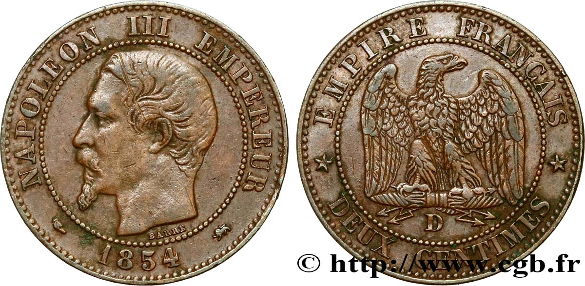 Deux centimes Napoléon III, tête nue 1854 Lyon F.107/13 TTB40 