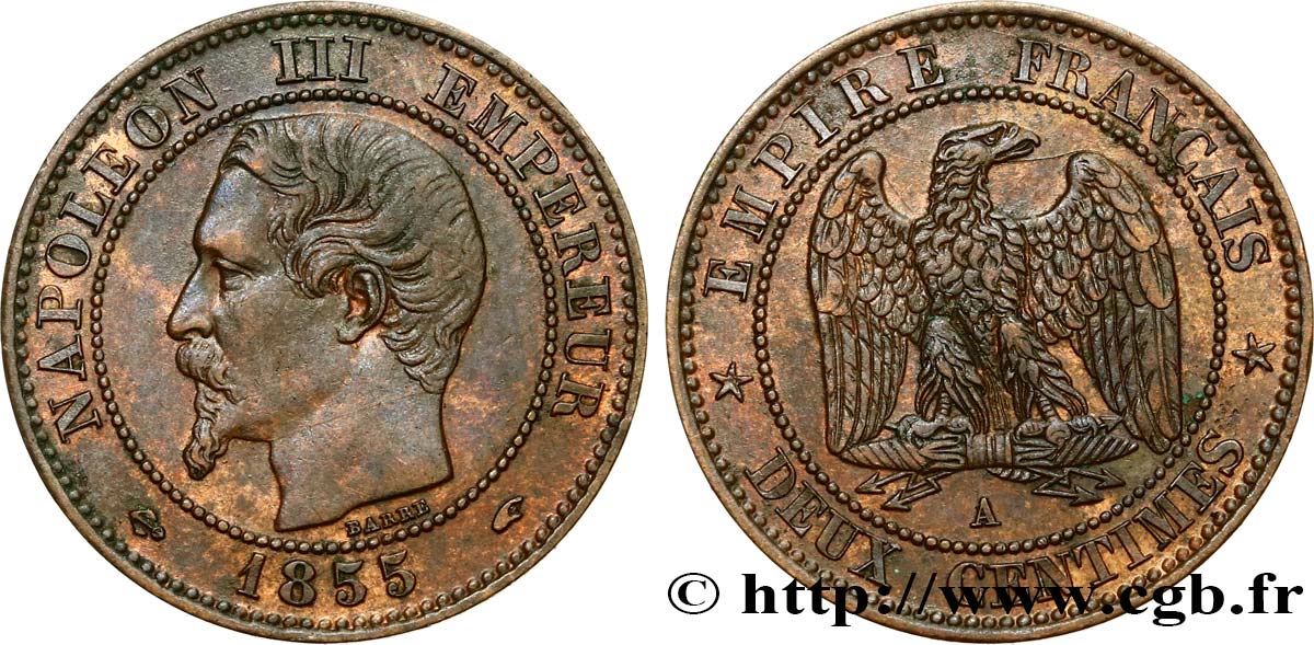 Deux centimes Napoléon III, tête nue 1855 Paris F.107/20 AU54 