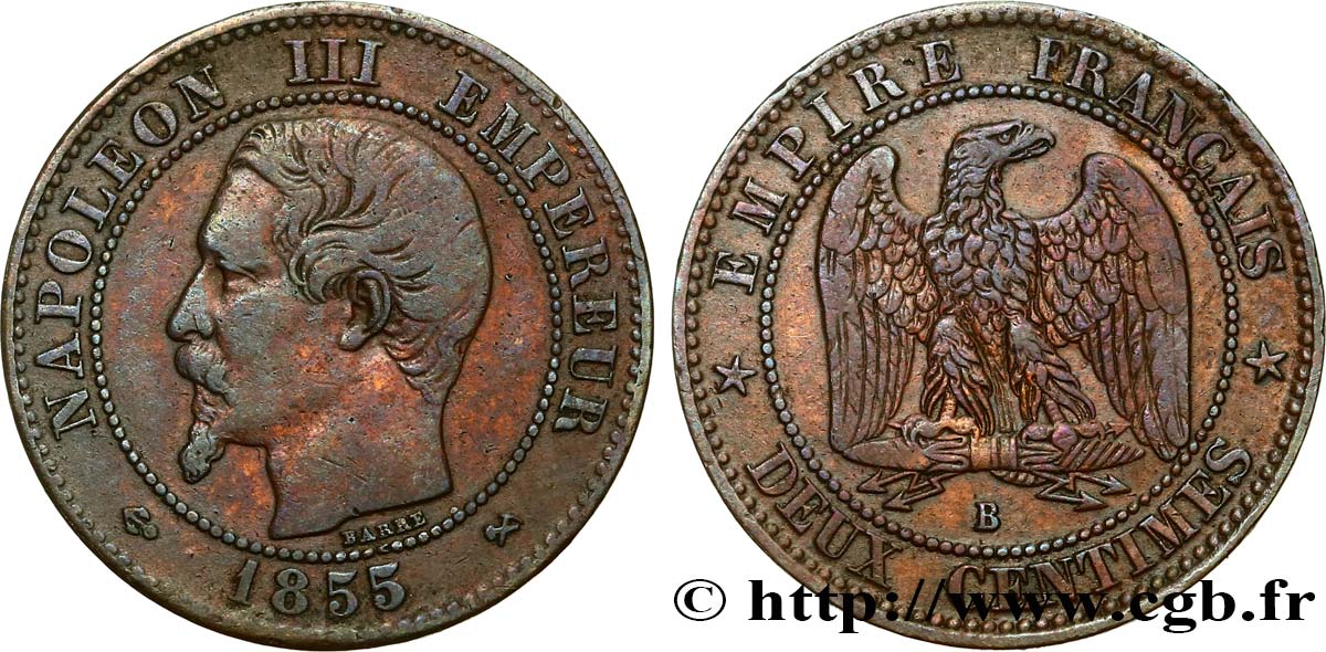 Deux centimes Napoléon III, tête nue 1855 Rouen F.107/22 TB35 