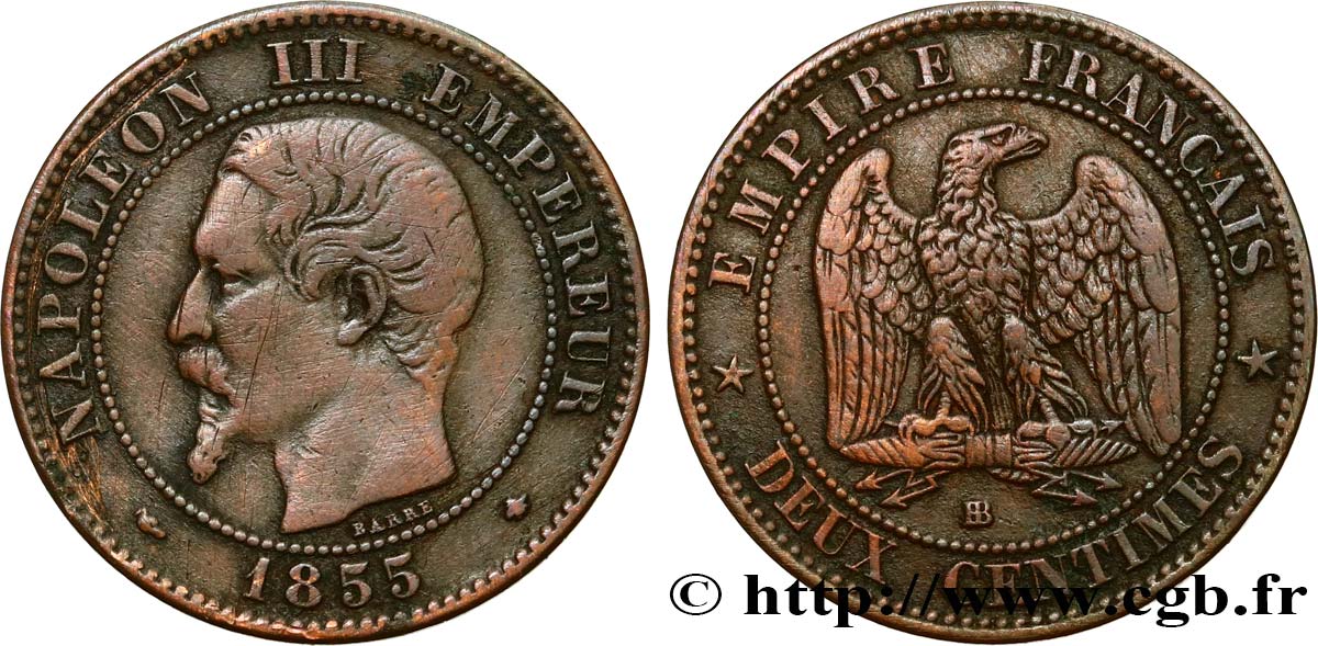 Deux centimes Napoléon III, tête nue 1855 Strasbourg F.107/23 MB35 