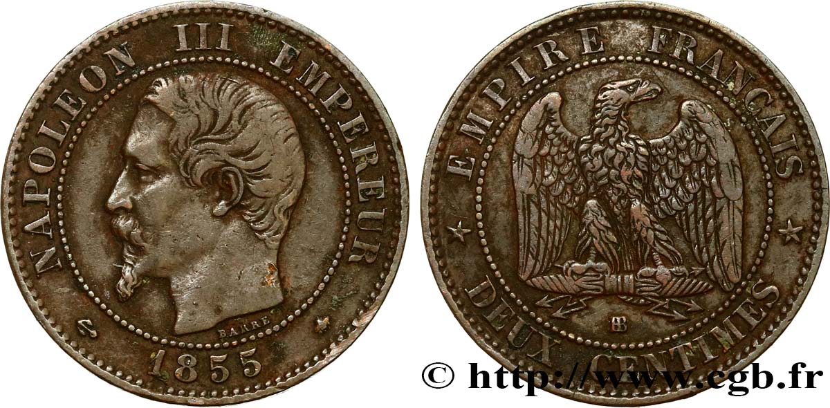 Deux centimes Napoléon III, tête nue 1855 Strasbourg F.107/24 TB35 
