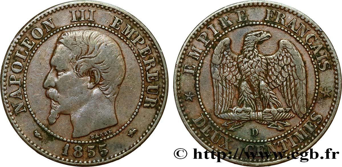 Deux centimes Napoléon III, tête nue 1855 Lyon F.107/30 MB35 