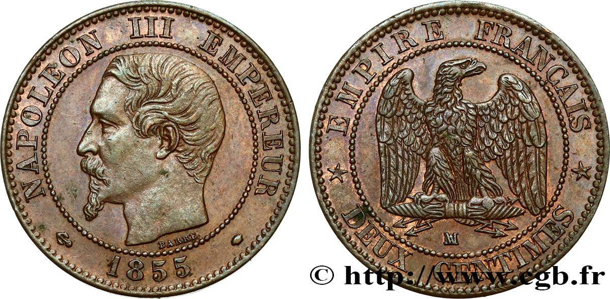 Deux centimes Napoléon III, tête nue 1855 Marseille F.107/36 EBC55 