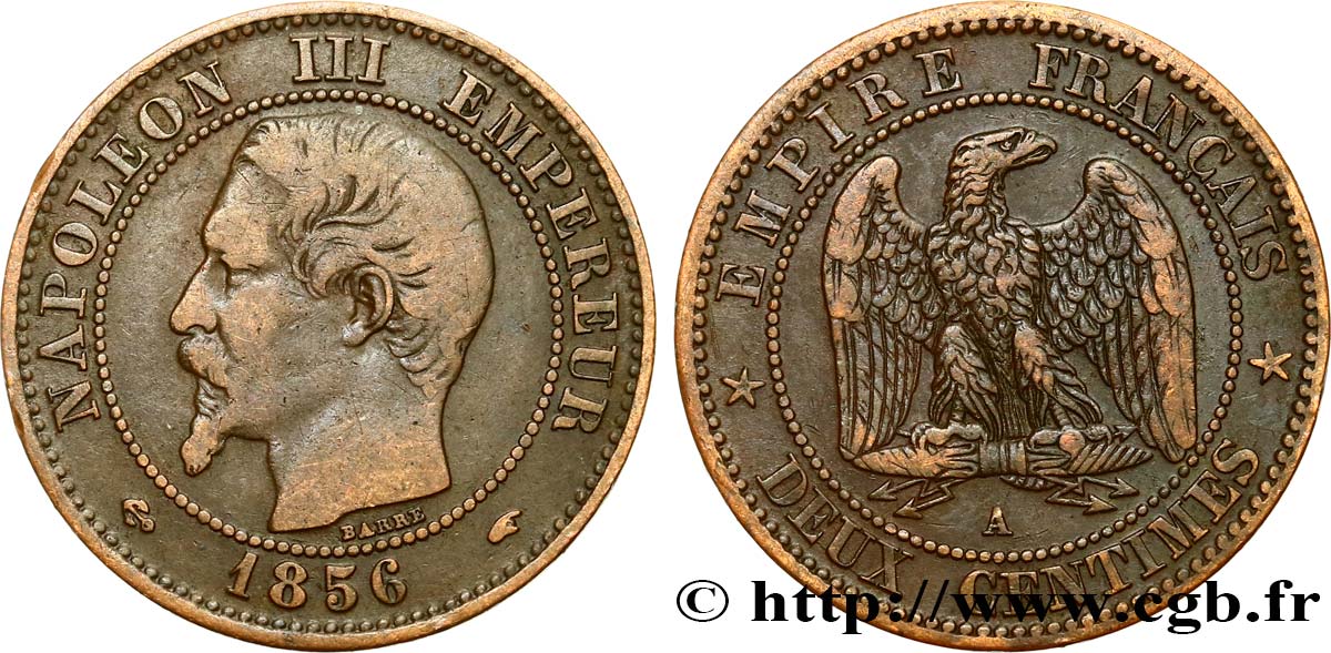 Deux centimes Napoléon III, tête nue 1856 Paris F.107/38 BC35 