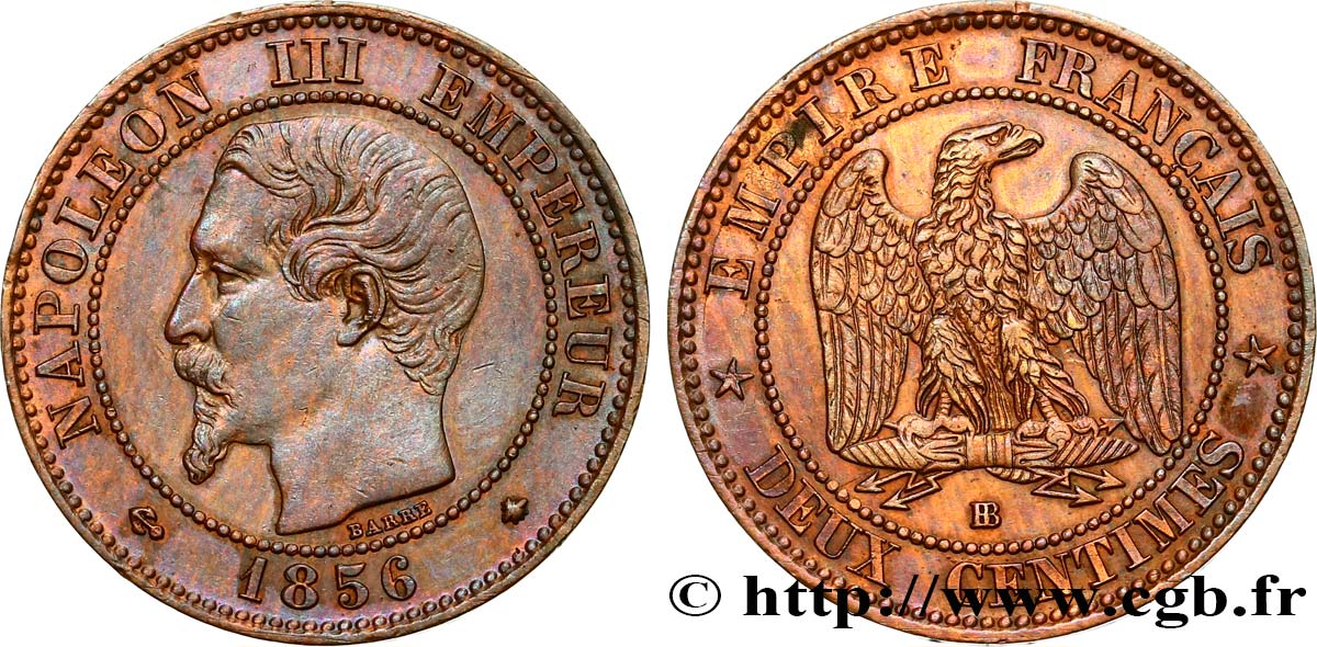 Deux centimes Napoléon III, tête nue 1856 Strasbourg F.107/40 MBC53 