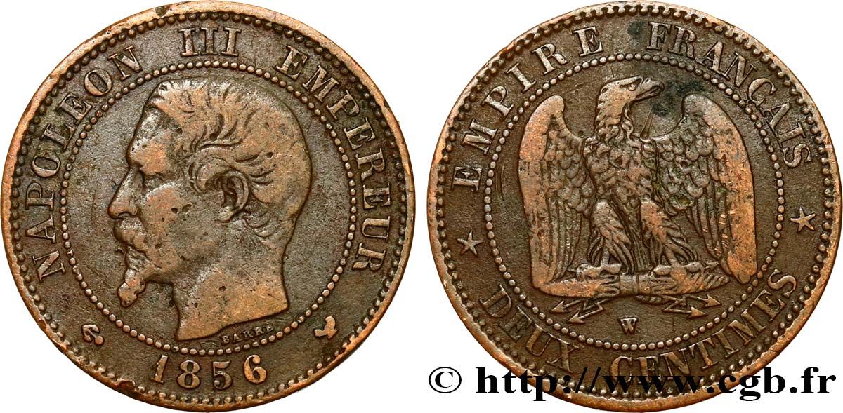 Deux centimes Napoléon III, tête nue 1856 Lille F.107/43 TB30 