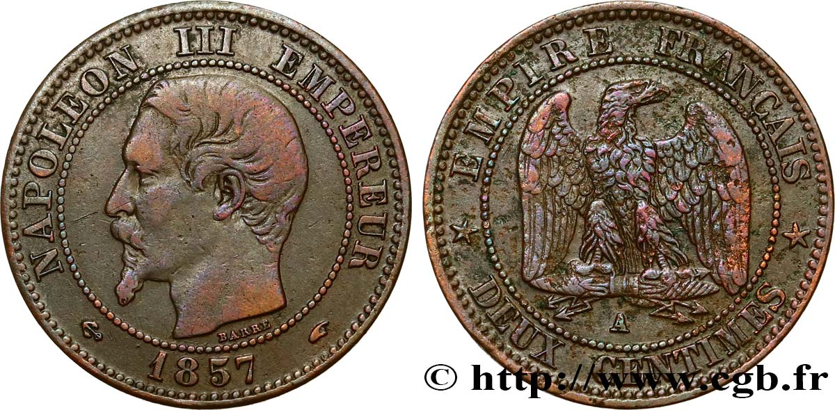 Deux centimes Napoléon III, tête nue 1857 Paris F.107/44 BB40 