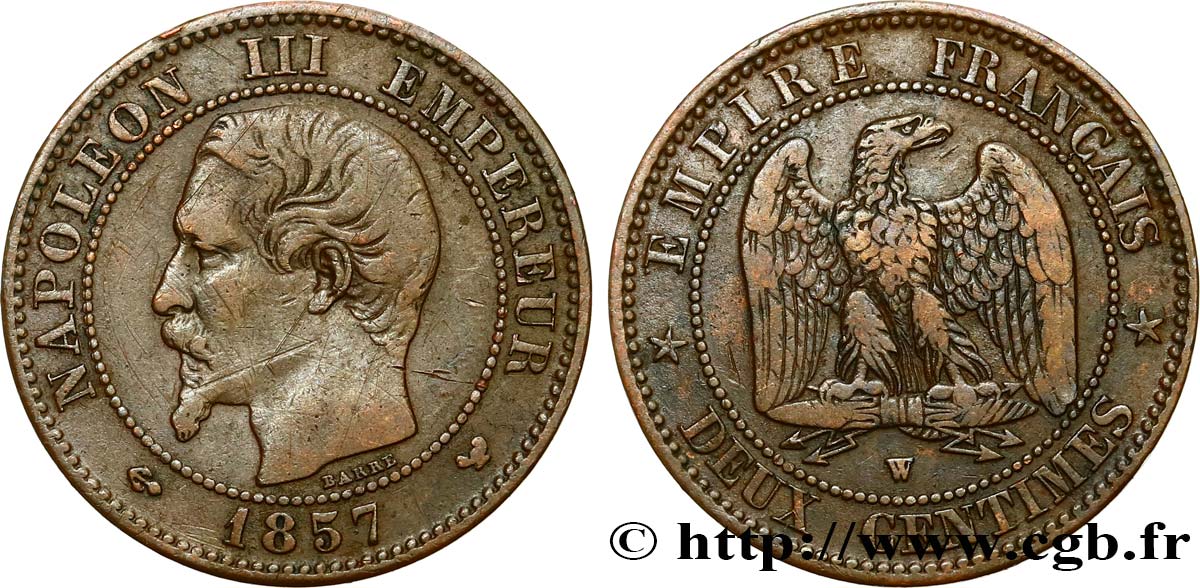 Deux centimes Napoléon III, tête nue 1857 Lille F.107/51 VF35 