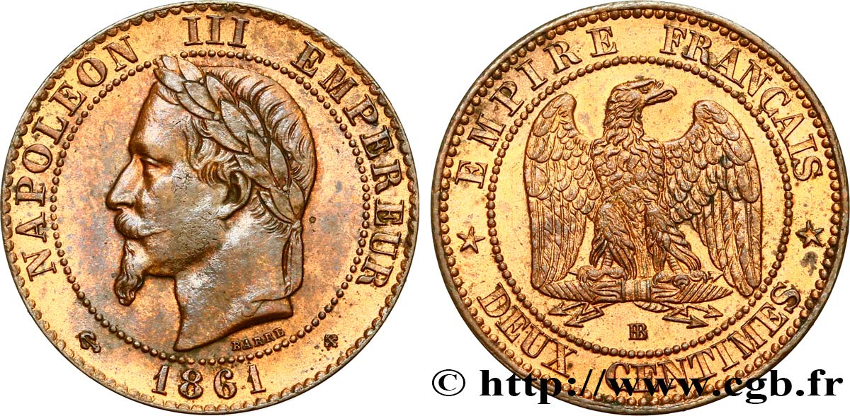 Deux centimes Napoléon III, tête laurée, buste provisoire 1861 Strasbourg F.108/2 MS60 