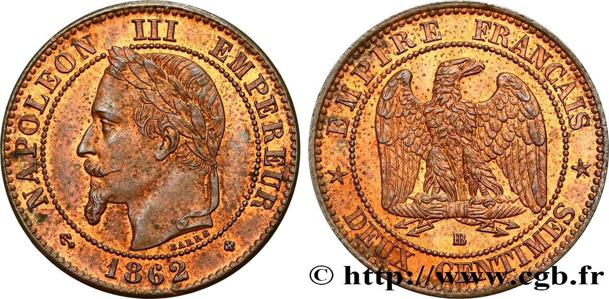 Deux centimes Napoléon III, tête laurée, buste définitif 1862 Strasbourg F.108A/5 MS61 