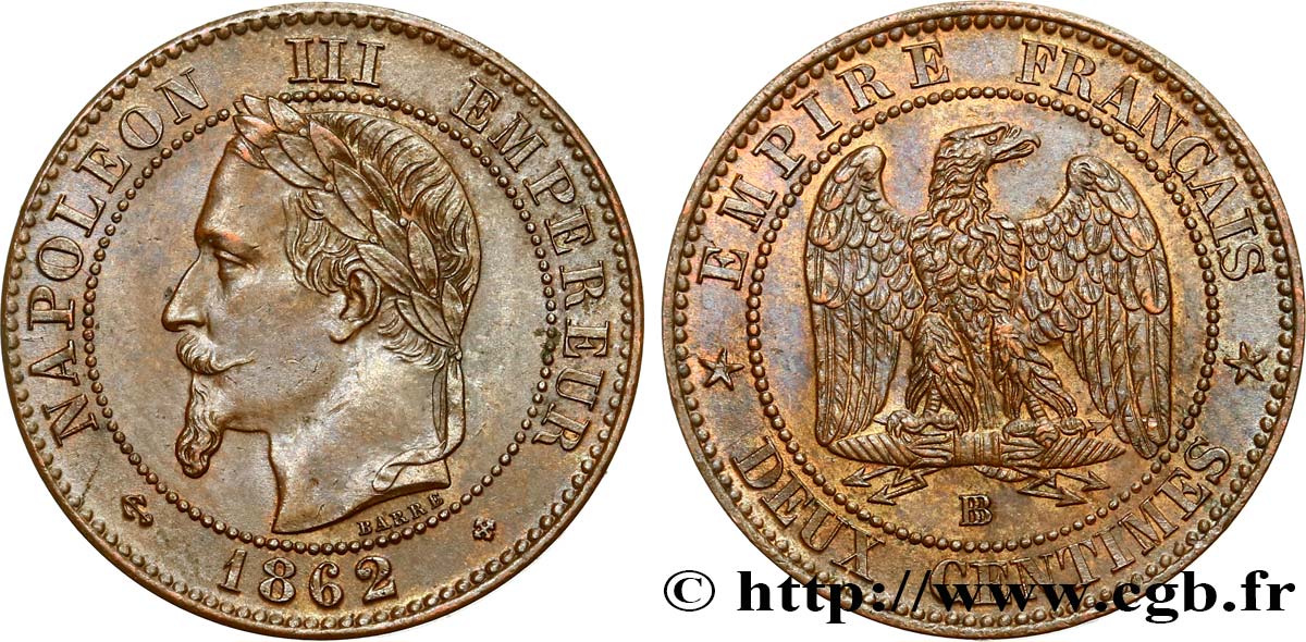 Deux centimes Napoléon III, tête laurée 1862 Strasbourg F.108A/6 AU55 