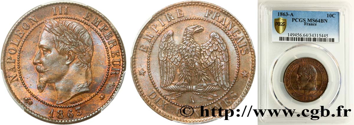 Dix centimes Napoléon III, tête laurée 1863 Paris F.134/10 SPL64 PCGS