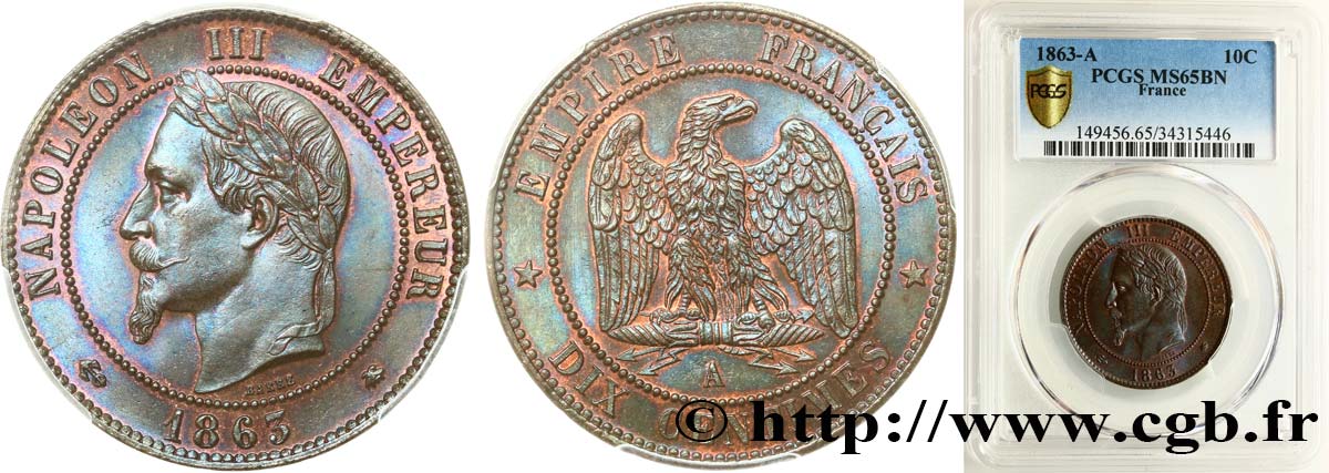 Dix centimes Napoléon III, tête laurée 1863 Paris F.134/10 MS65 PCGS