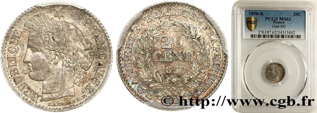 20 centimes Cérès, IIe République 1850 Bordeaux F.146/6 VZ62 PCGS