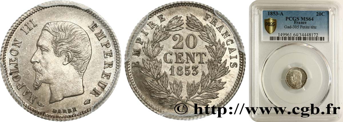 20 centimes Napoléon III, tête nue 1853 Paris F.148/1 fST64 PCGS