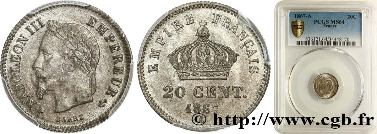 20 centimes Napoléon III, tête laurée, grand module 1867 Paris F.150/1 fST64 PCGS