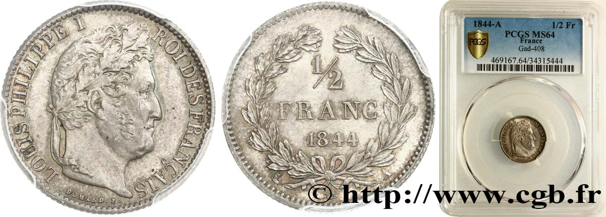 1/2 franc Louis-Philippe 1844 Paris F.182/103 SPL64 PCGS
