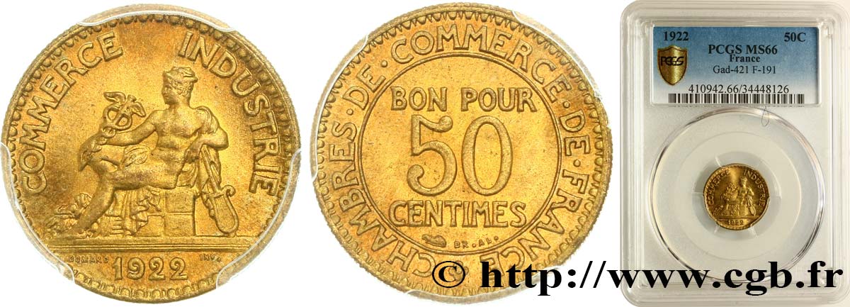 50 centimes Chambres de Commerce 1922 Paris F.191/4 FDC66 PCGS